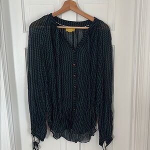 Anthropologie Maeve Green and Navy  Buttoned Long Sleeve Blouse